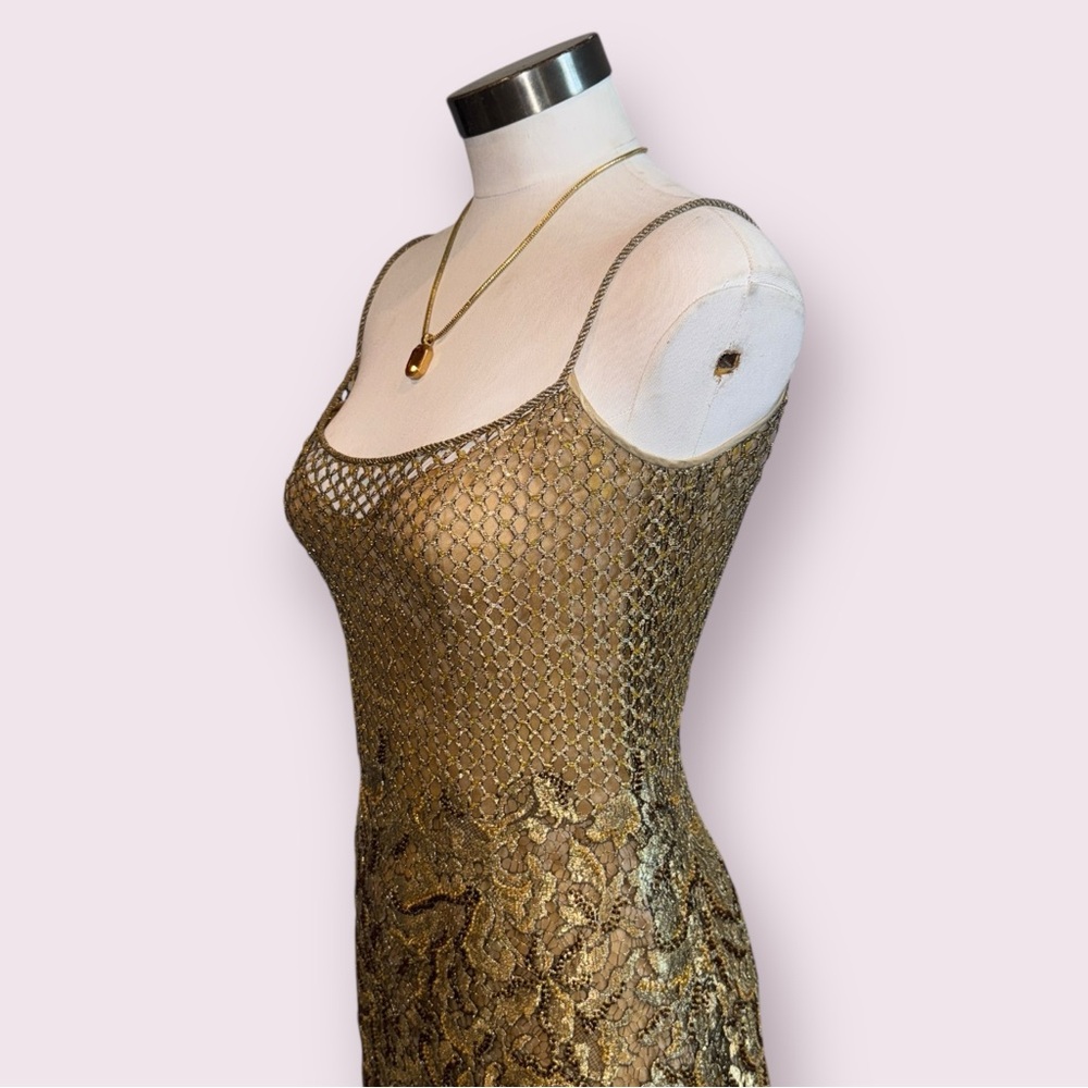 NWT Vintage Custom Peggy Jennings Gown Gold Sequin Crochet & Silk Elegant Dress - Picture 3 of 17